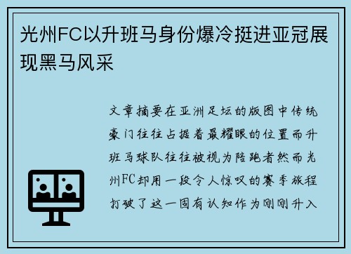 光州FC以升班马身份爆冷挺进亚冠展现黑马风采