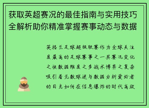 获取英超赛况的最佳指南与实用技巧全解析助你精准掌握赛事动态与数据分析